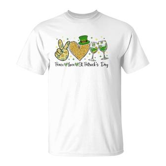Womens Peace Love St Patrick's Day Cheer Drinking Glitter Shamrock V-Neck T-Shirt | Mazezy