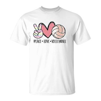 Womens Peace Love Volleyball Cute Design For Women Teen Girls V-Neck T-Shirt | Mazezy
