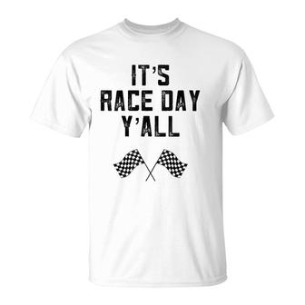 Womens Race Track Checkered Flag Fast Cars It's Race Day Yall South T-Shirt | Mazezy