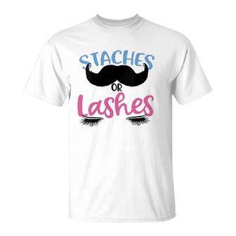 Womens Staches Or Lashes Gender Reveal Baby Shower Family Gift T-Shirt | Mazezy