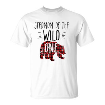 Womens Stepmom Of Wild One Buffalo Plaid Lumberjack 1St Birthday T-Shirt | Mazezy