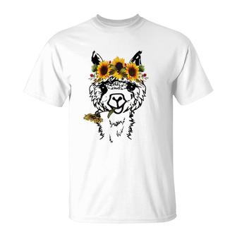 Womens Women's Llama Headband Sunflower Alpaca Animal Graphics V Neck T-Shirt | Mazezy