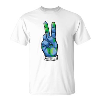 World Peace Earth Day Awareness Peace Sign Hand Gesture T-Shirt | Mazezy