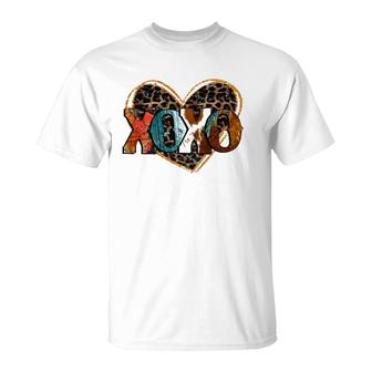 Xoxo Leopard Heart Cowhide Western Glitter Be My Valentine T-Shirt | Mazezy