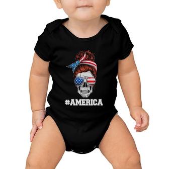 American Women Usa Flag Messy Bun Skull Mom 4Th Of July Baby Onesie | Mazezy
