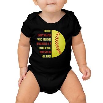 Behind Every Player Is A Father Softball Gift Dad Softball Baby Onesie | Mazezy