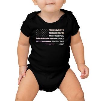 Husband Daddy Protector Hero American Flag Cool Dad Gifts Baby Onesie | Mazezy