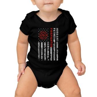 Husband Father Firefighter Hero Firefighter Usa Flag Gift Baby Onesie | Mazezy CA