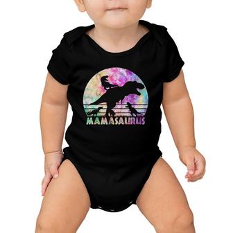 Mamasaurus Tie Dye Sunset Funny Dinosaur Mother Of 3 Kids Baby Onesie | Mazezy