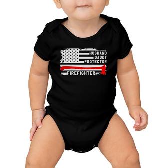 Mens Husband Daddy Protector Firefighter American Flag Fireman Baby Onesie | Mazezy