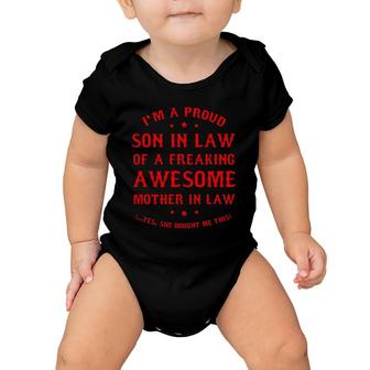 Mens Proud Son In Law Of A Freaking Awesome Mother In Law Gifts Baby Onesie | Mazezy