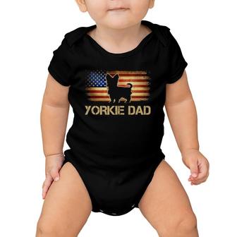 Mens Yorkie Dad Vintage American Flag Patriotic Yorkshire Terrier Baby Onesie | Mazezy