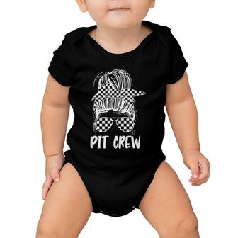 Pit Crew Messy Bun Race Track Flag Car Racing Mothers Womens Baby Onesie | Mazezy