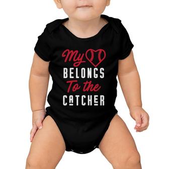 Womens Baseball Mom - Heart Belongs To The Catcher Baby Onesie | Mazezy