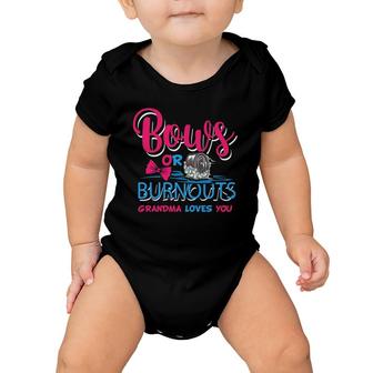Womens Burnouts Or Bows Gender Reveal Baby Party Announce Grandma Baby Onesie | Mazezy