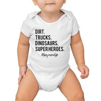 Dirt Trucks Dinosaurs Superheroes Boy Mom Life Mother's Day Baby Onesie | Mazezy