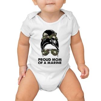Proud Mom Of A Marine Messy Bun Camouflage Military Women Baby Onesie | Mazezy