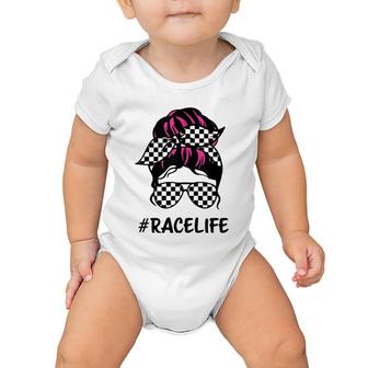 Race Life Checkered Racing Pink Messy Bun Hair Mothers Day Baby Onesie | Mazezy