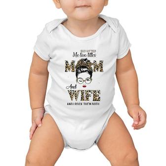 Womens God Gifted Me Two Titles Mom Wife Leopard Wink Woman Baby Onesie | Mazezy
