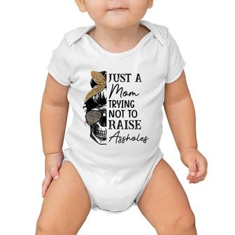 Womens Mom Leopard Just A Mom Trying Not To Raise Assholes Baby Onesie | Mazezy