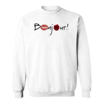 Bonjour! Graphic T-Shirt With Lips And Rose Images Bonjour! Graphic T-Shirt With Lips And Rose Images
