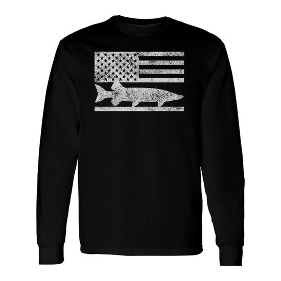 American Flag Musky Fishing Patriotic Muskie Long Sleeve T-Shirt T