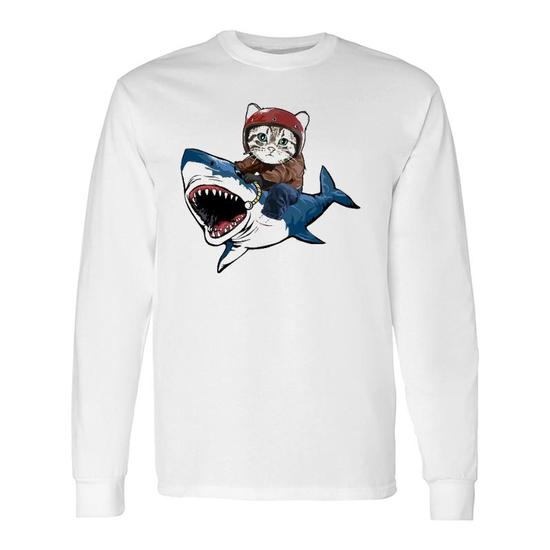 Cat riding a shark shirt best sale