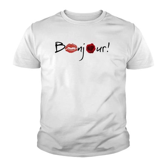 Bonjour! Graphic T-Shirt With Lips And Rose Images Bonjour! Graphic T-Shirt With Lips And Rose Images