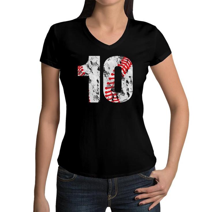 10 Years Old Gifts Number 10 Baseball 10Th Birthday Boy Girl Women V-Neck T-Shirt