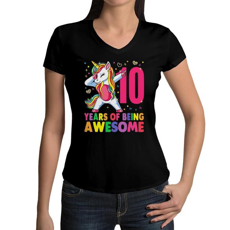 10 Years Old Unicorn Dabbing 10Th Birthday Girl Unicorn Party Women V-Neck T-Shirt