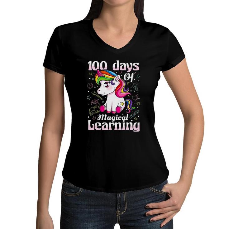 100 Days Of Magical Learning 100Th Day Of School Unicorn Kid Women V-Neck T-Shirt