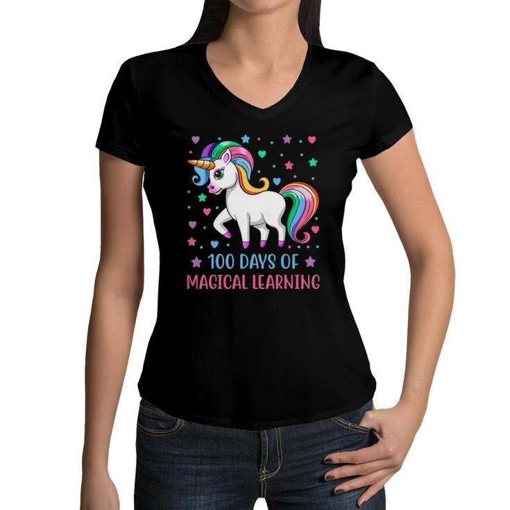 100 Days Of Magical Learning Unicorn 100 Days Of School Girl Women V-Neck T-Shirt