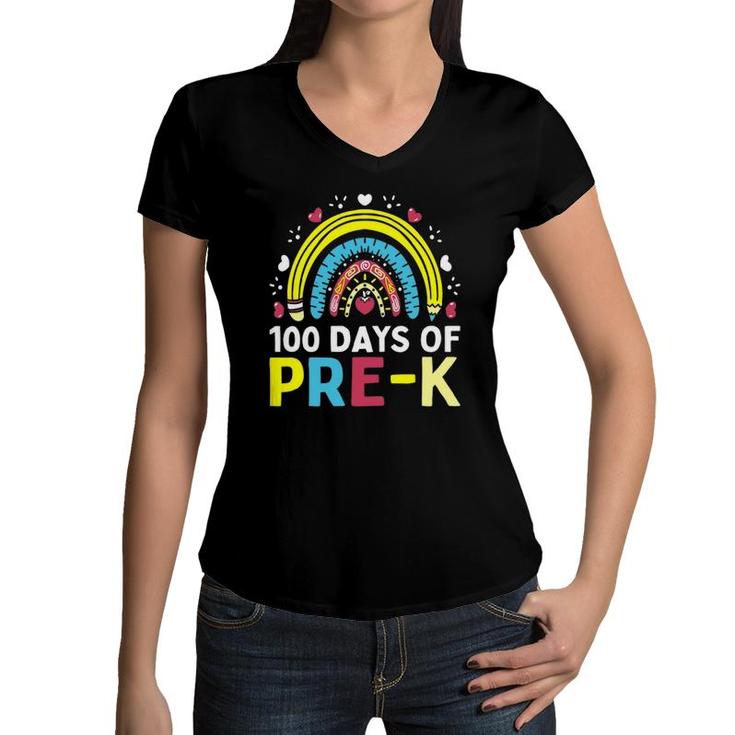 100 Days Of Pre K Happy 100Th Day Of School Teacher Kids Women V-Neck T-Shirt