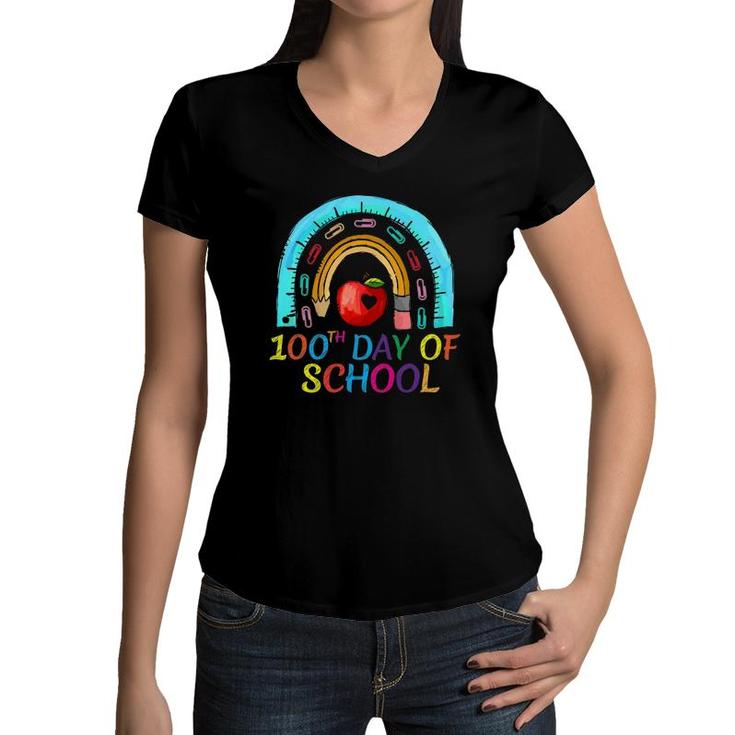 100 Days Of School - 100Th Day Of School Rainbow Girls Boys Women V-Neck T-Shirt