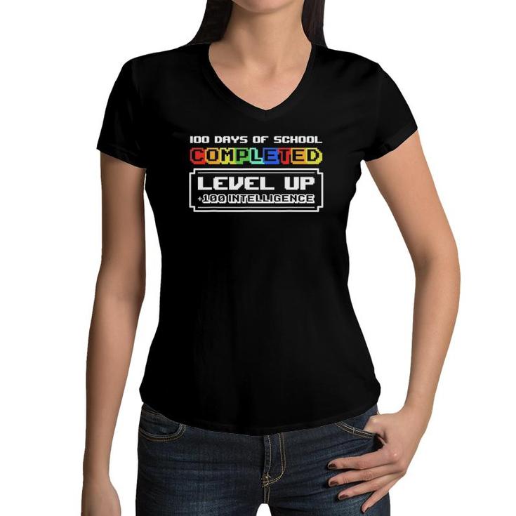 100 Days Of School Completed Gamer Gift Boys Level Up Gaming Women V-Neck T-Shirt
