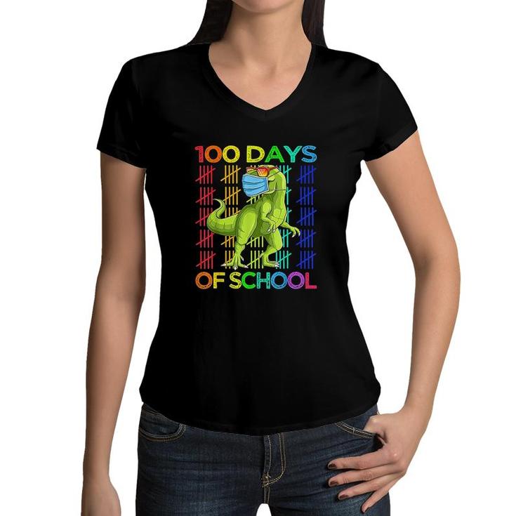 100 Days Of School Dinosaur Trex Wearing Smarter Kids  Women V-Neck T-Shirt