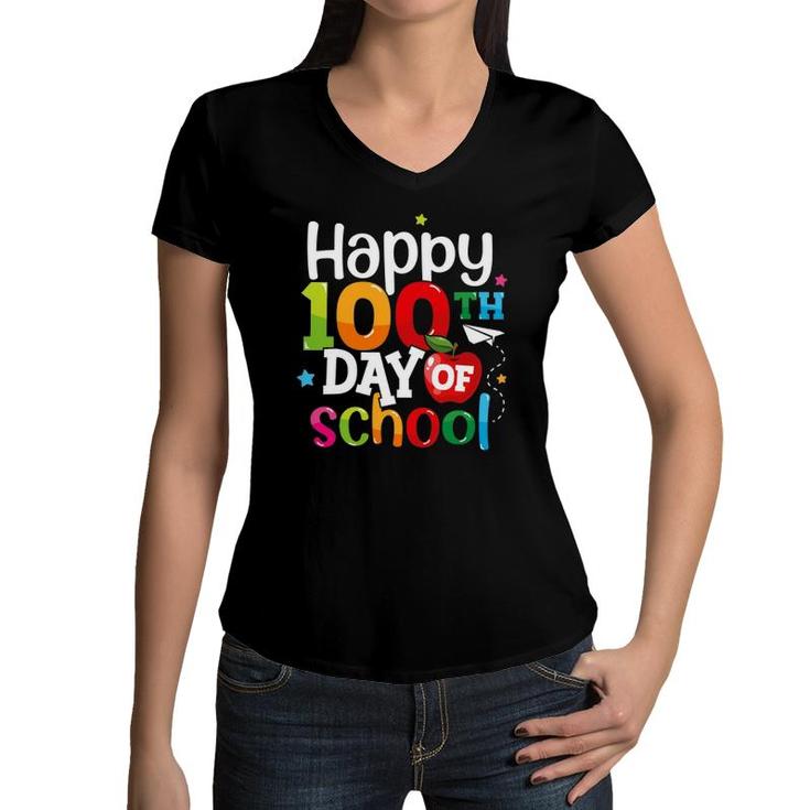 100 Days Of School Teachers Kids Girls Boys Happy 100Th Day Women V-Neck T-Shirt