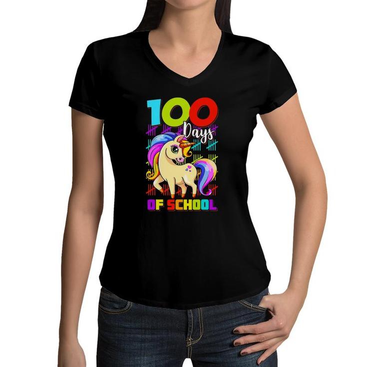 100 Days Of School Unicorn Lover Boys Girls 100 Days Smarter Women V-Neck T-Shirt