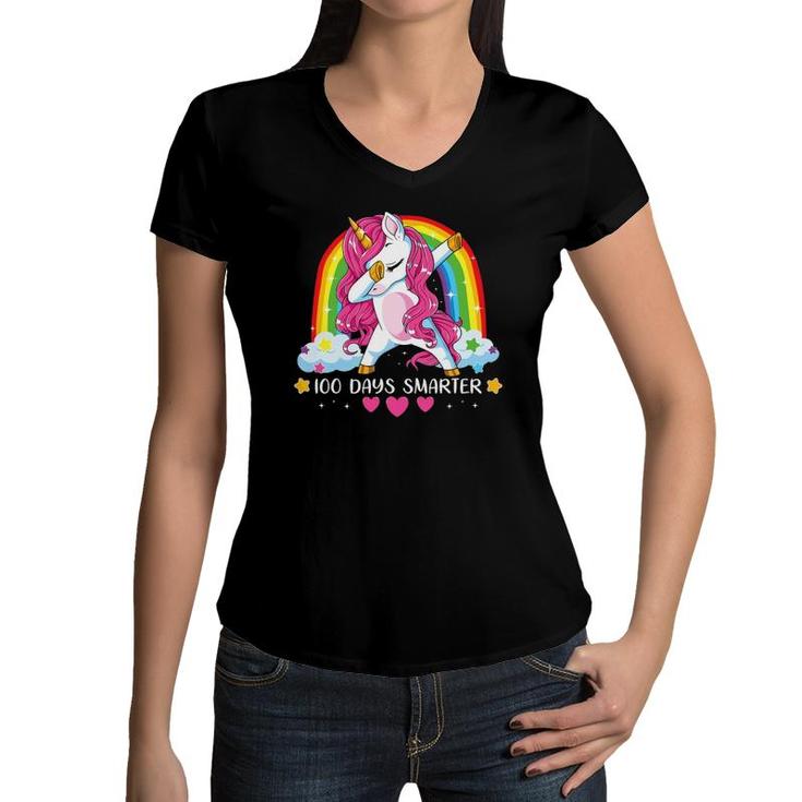 100 Days Smarter 100Th Day Of School Girls Princess Unicorn Women V-Neck T-Shirt