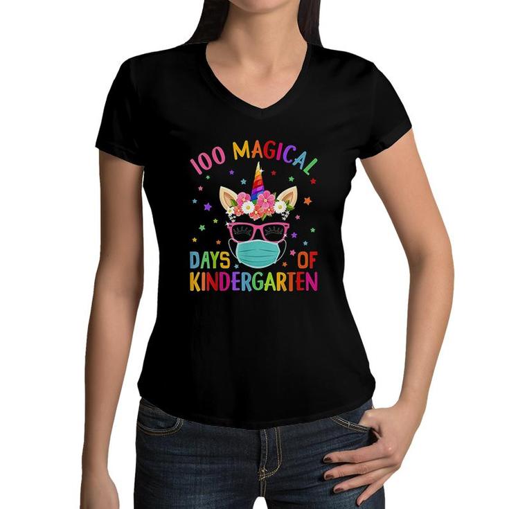 100 Magical Days Of Kindergarten School Unicorn Girl Women V-Neck T-Shirt