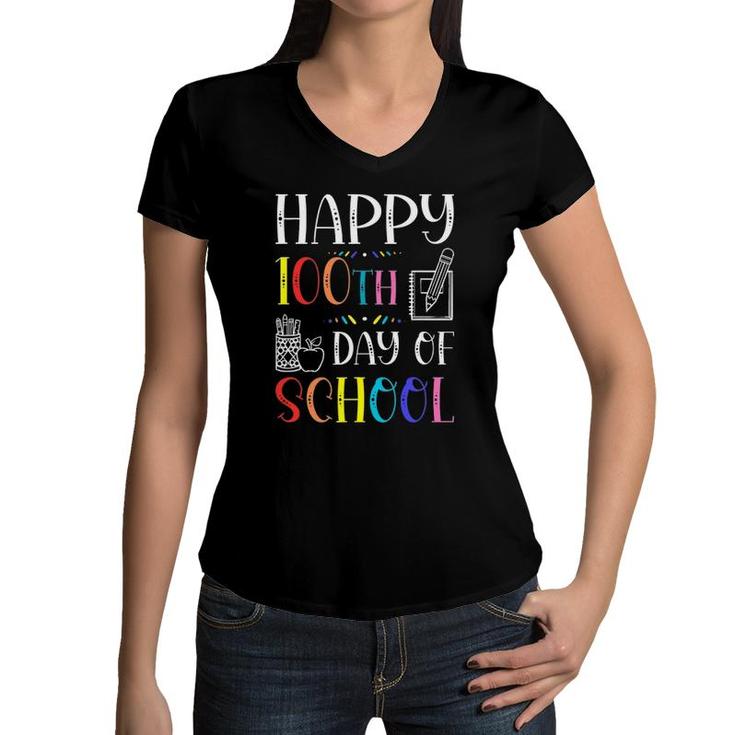 100Th Day Of School Teachers Kids Child Happy 100 Days Women V-Neck T-Shirt