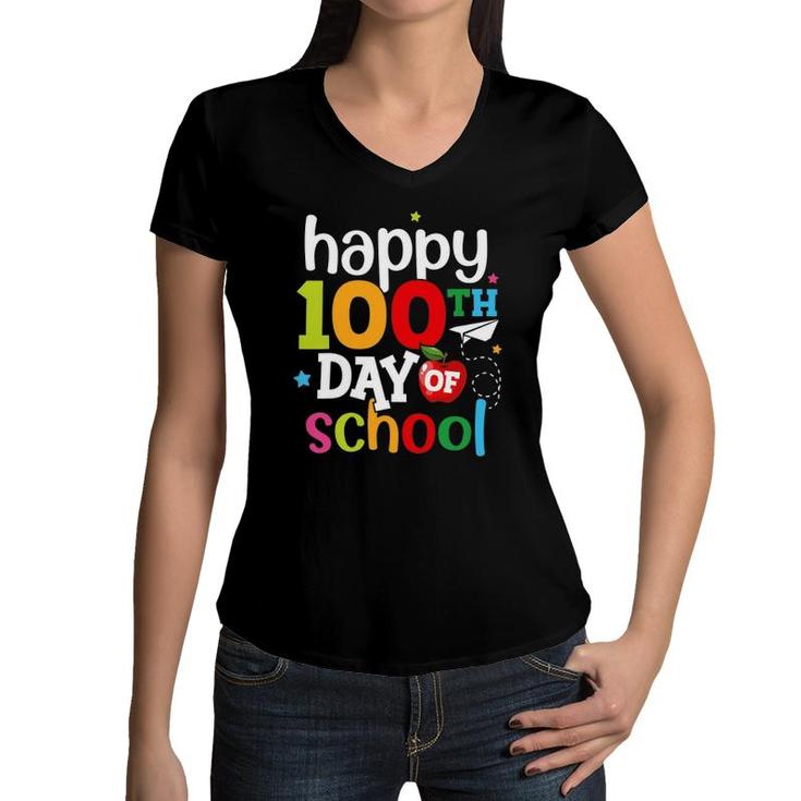 100Th Day Of School Teachers Kids Girls Boys Happy 100 Days Women V-Neck T-Shirt