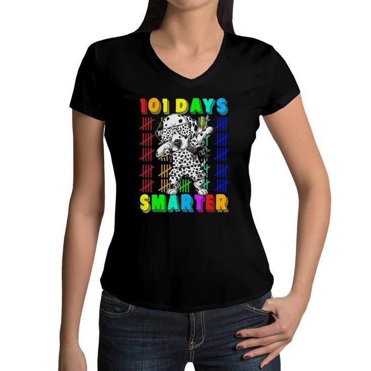 101 Days Smarter Dalmatian Dog School Teachers Students Kids Women V-Neck T-Shirt