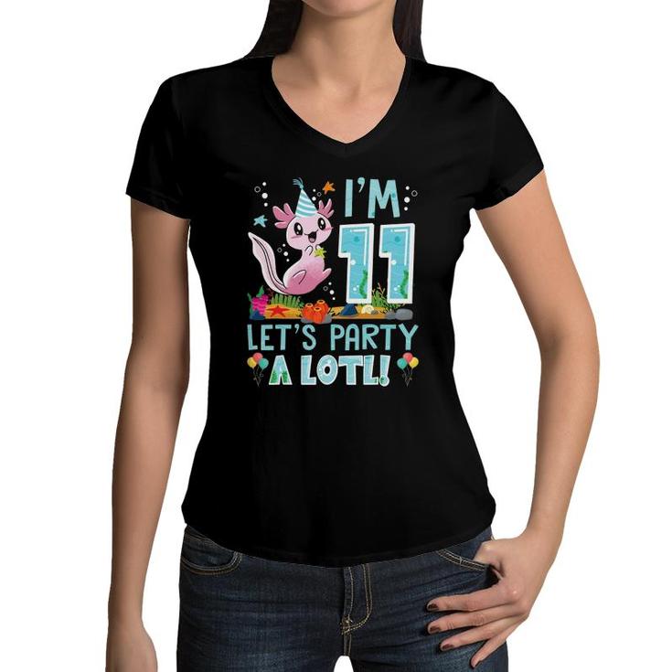 11 Years Old Axolotl Lover 11Th Birthday Party Boys Girls Women V-Neck T-Shirt