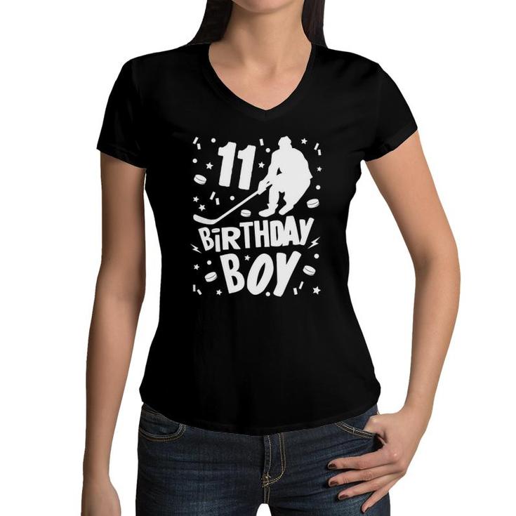 11Th Birthday Boy Ice Hockey Kids 11 Years Old Party Gift Women V-Neck T-Shirt