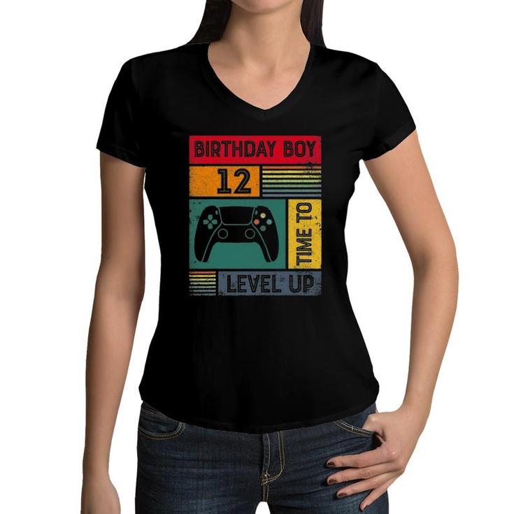 12 Years Old 12Th Birthday Boy Time To Level Up Gamer Birthday Women V-Neck T-Shirt