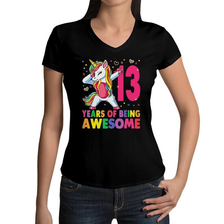 13 Years Old Unicorn Dabbing 13Th Birthday Girl Unicorn Party Women V-Neck T-Shirt