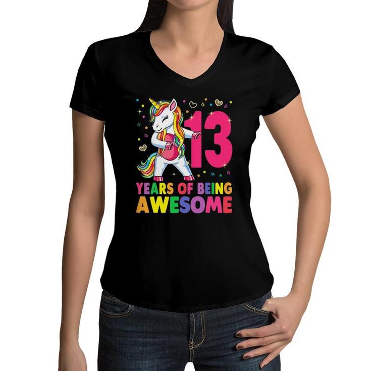 13 Years Old Unicorn Flossing 13Th Birthday Girl Unicorn Women V-Neck T-Shirt
