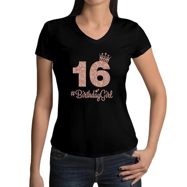 16 Birthday Girl Sweet Sixteen 16th Pink Crown For Girls  Women V-Neck T-Shirt
