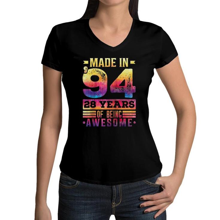 1994 28 Years Of Being Awesome 28Th Birthday Tie Dye Kids Raglan Baseball Tee Women V-Neck T-Shirt